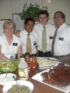 Elder Valdez and Elder Hale enjoyed baby back ribs, salad, green beans, rice pilaf and Sister Breese made a fruit cocktail cake with a butter sauce. Yummy! Elder Valdez and Elder Hale enjoyed baby back ribs, salad, green beans, rice pilaf and Sister Breese made a fruit cocktail cake with a butter sauce. Yummy!